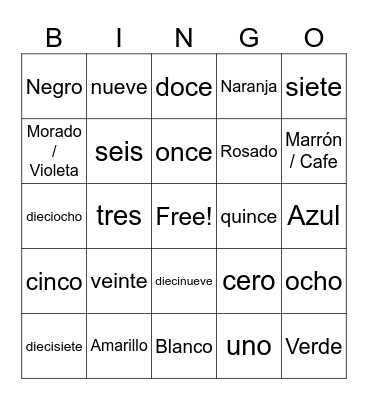 Spanish Numbers and Colors Bingo Card