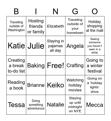 Winter Break Bingo Card