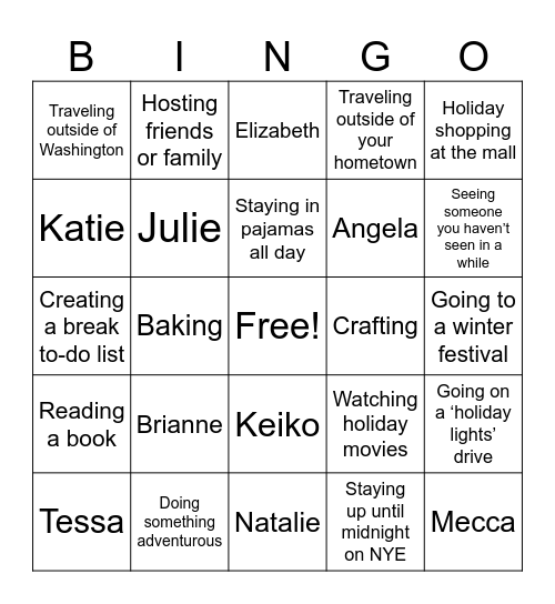Winter Break Bingo Card