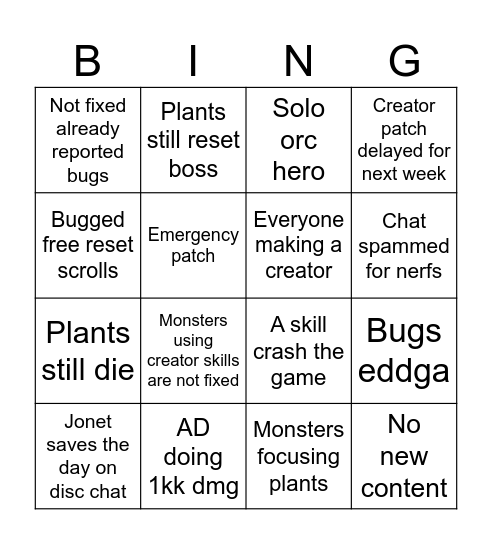 Creatore Rework Bingo! Bingo Card