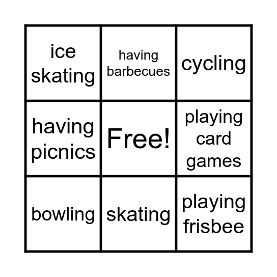 Free Time Activities BINGO Card