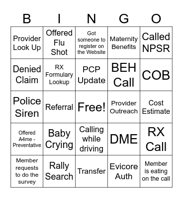 Call Center Bingo Card