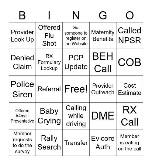 Call Center Bingo Card