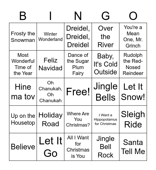 Winter Song Bingo Card