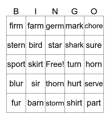 R-Controlled Words Bingo Card