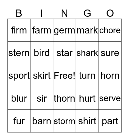 R-Controlled Words Bingo Card