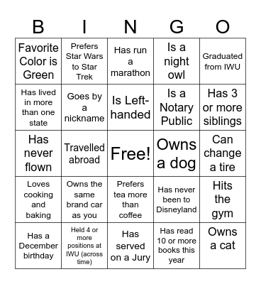 Holiday Party - Find the Coworker Bingo Card