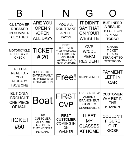 BMV SNOW DAY BINGO Card