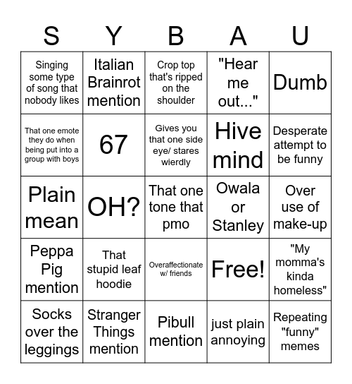 Popular Girl Bingo Card