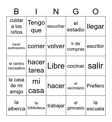 Spanish 1 Bingo Card