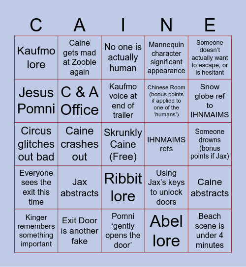 TADC Episode 7 Predictions Bingo Card