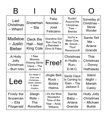 Holiday music Bingo Card