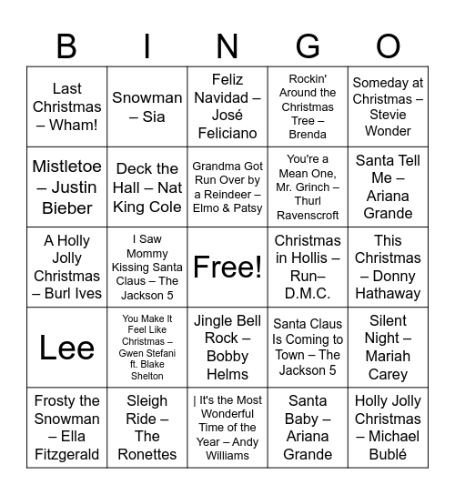 Holiday music Bingo Card