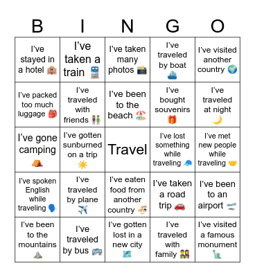 travel Bingo Card