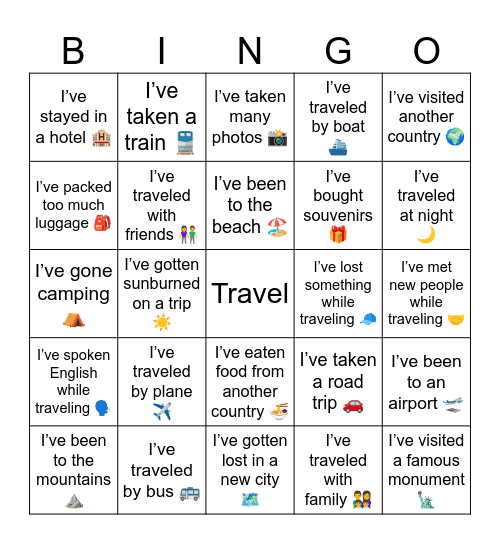 travel Bingo Card