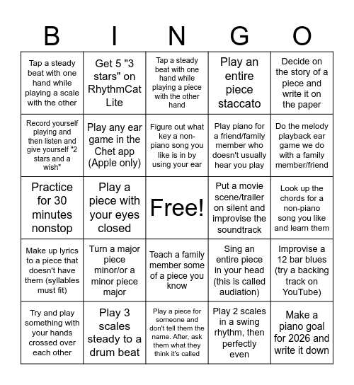 Winter Break Practice BINGO Card
