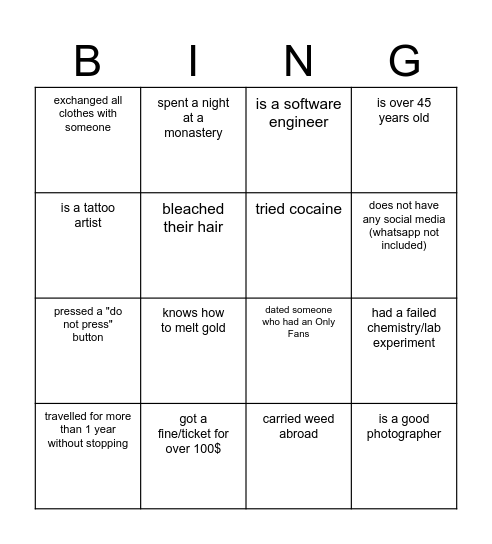 Find somebody who Bingo Card