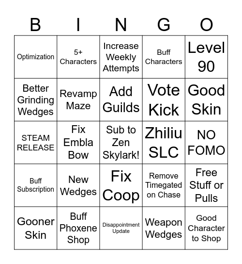 DNA Livestream Bingo Card