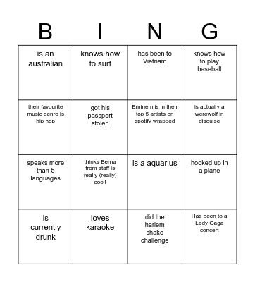 Find somebody who Bingo Card