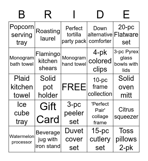 Michelle's bridal shower bingo Card