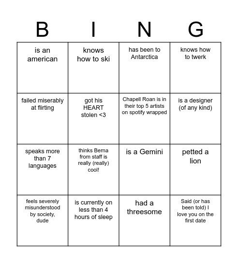 Find somebody who Bingo Card
