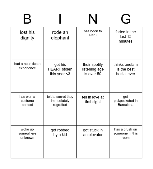 Find somebody who Bingo Card