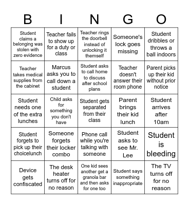 School Receptionist Bingo Card