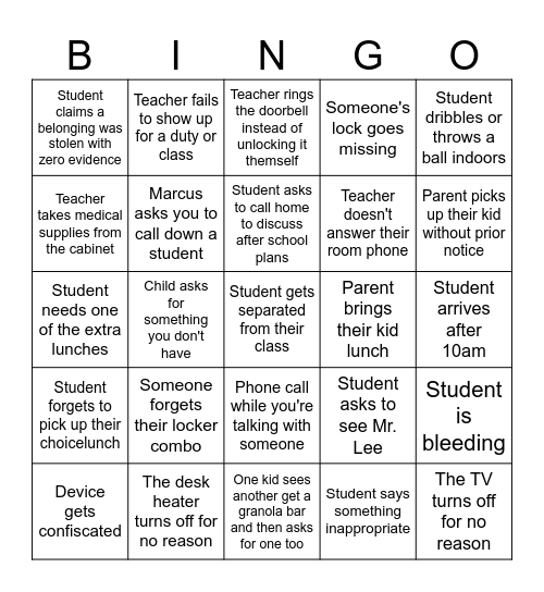 School Receptionist Bingo Card