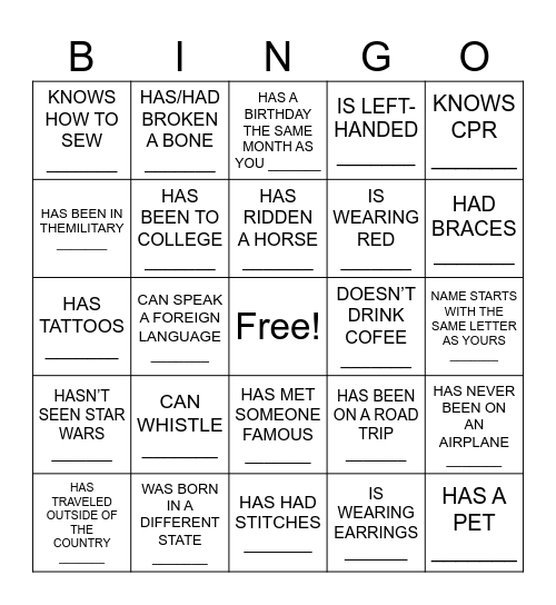 Ice Breaker Bingo Card