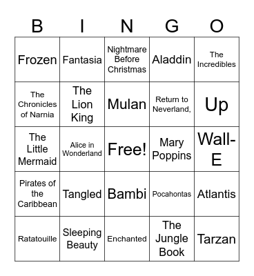 Disney Music Bingo Card