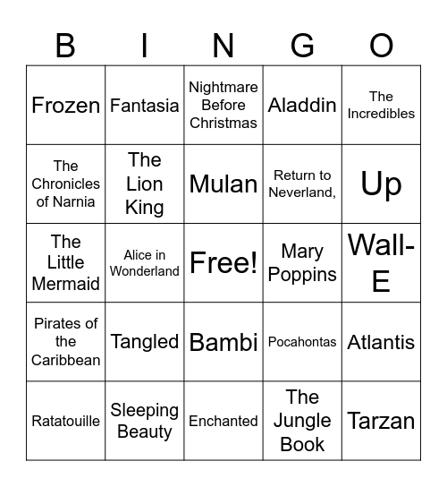Disney Music Bingo Card