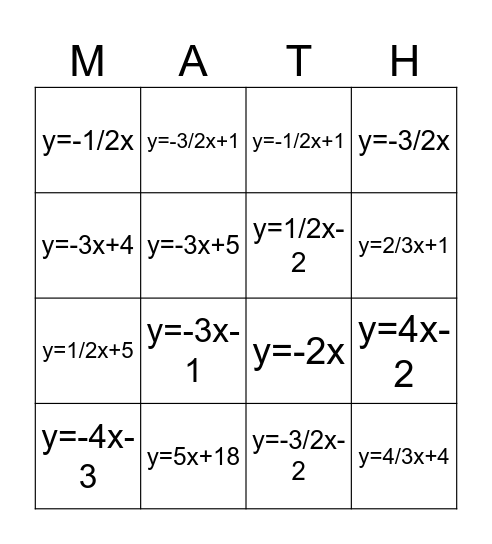 Writing Equations BINGO Card