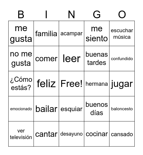 Spanish I Vocabulary Bingo Card