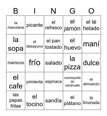 Food Vocab Words Midterm 25-26 Bingo Card