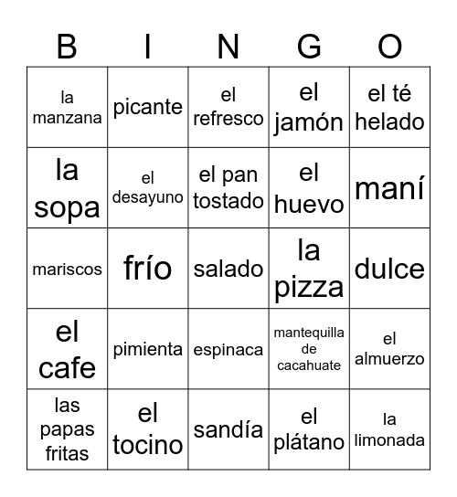Food Vocab Words Midterm 25-26 Bingo Card