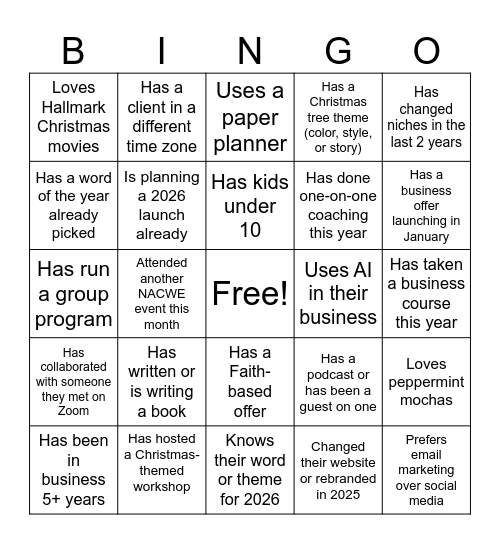 NACWE Christmas Bingo Card