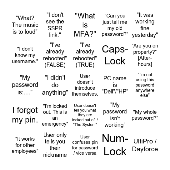 SCW Login Call Bingo Card