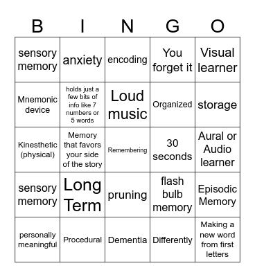 Memory Bingo Card