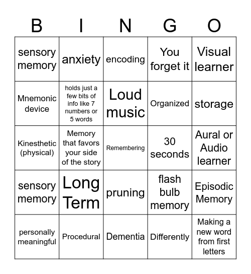 Memory Bingo Card