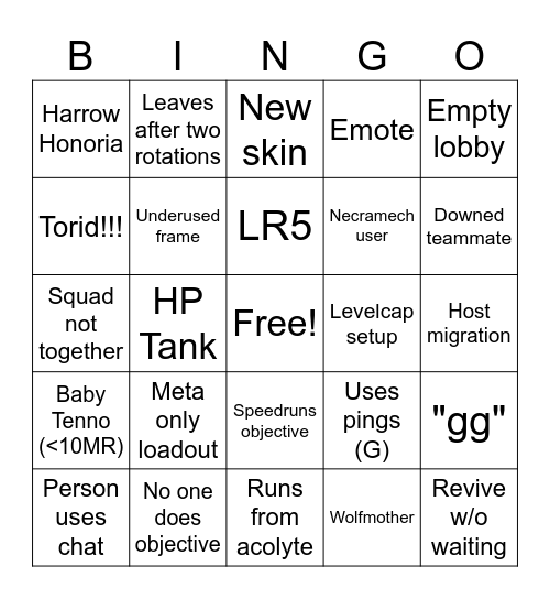 Warframe Public Lobby Bingo! Bingo Card