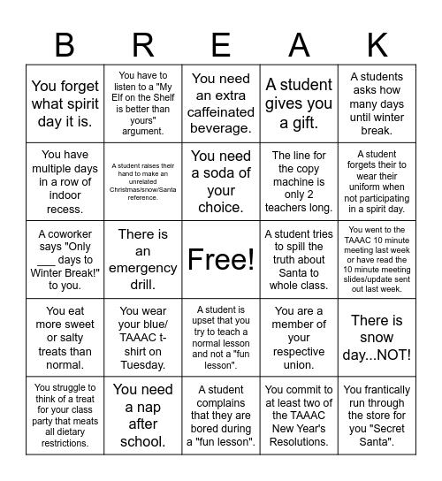 TAAAC Winter Break Bingo Card