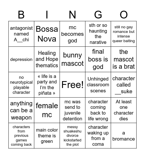 Baby’s Persona 6 bingo Card