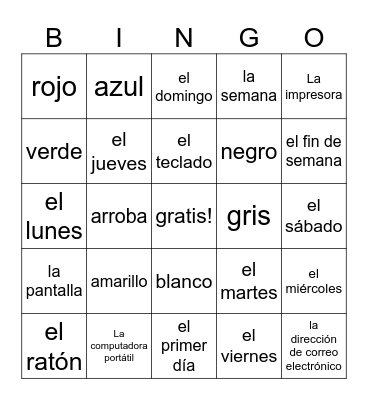 Esp. 1 Unidad 2 Lección B Vocab Bingo Card
