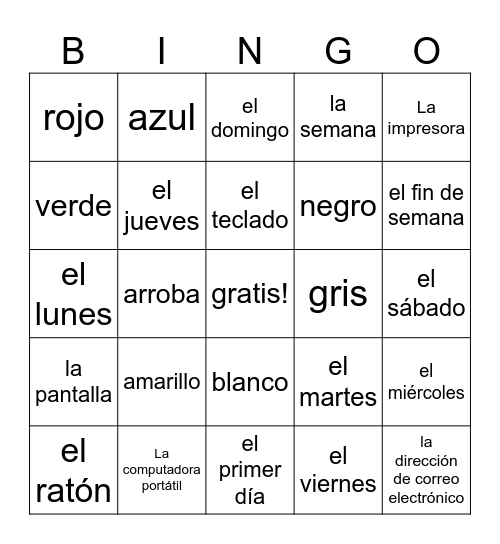 Esp. 1 Unidad 2 Lección B Vocab Bingo Card
