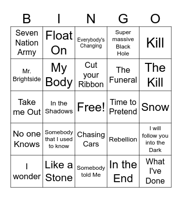 Alternative Rock game 1 Bingo Card