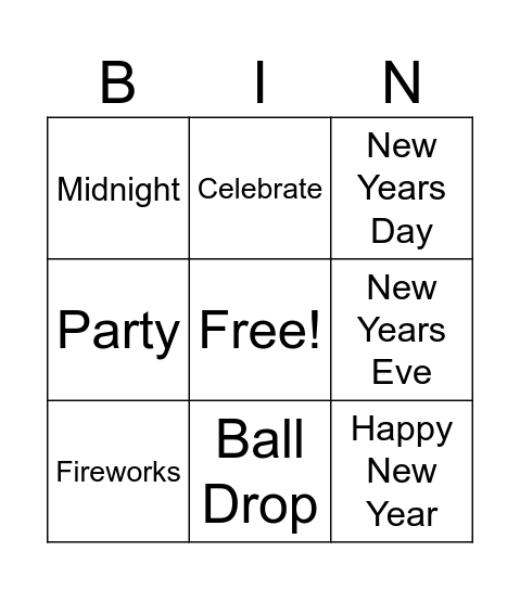 New Years Bin Bingo Card