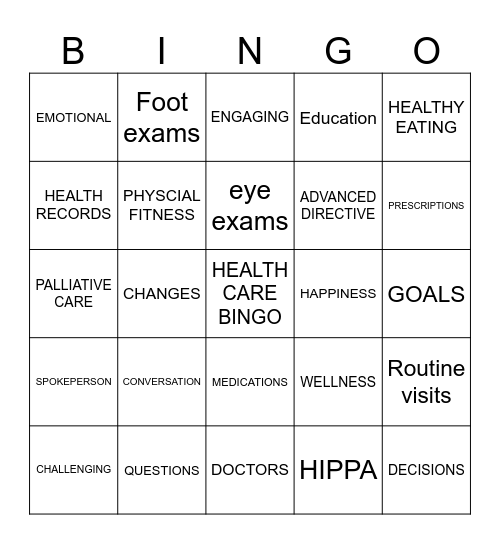 HEALTH CARE BINGO Card