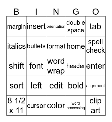 Word Processing Bingo Card