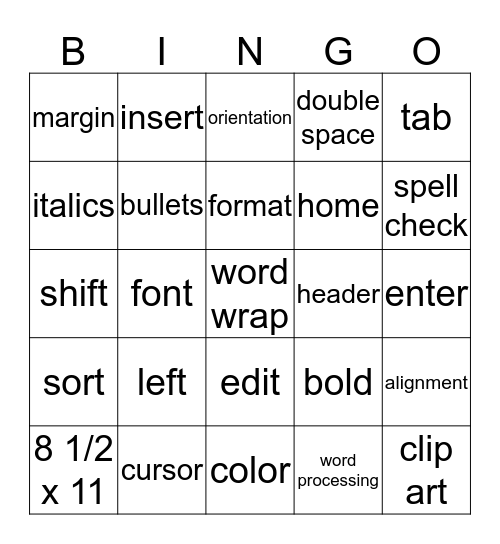 Word Processing Bingo Card