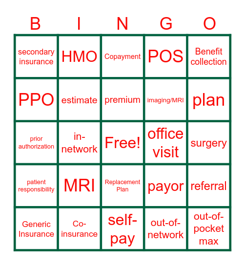 Medical Insurance Bingo Card